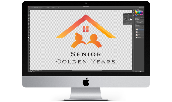Senior Golden Years logo. senior under a house roof with window