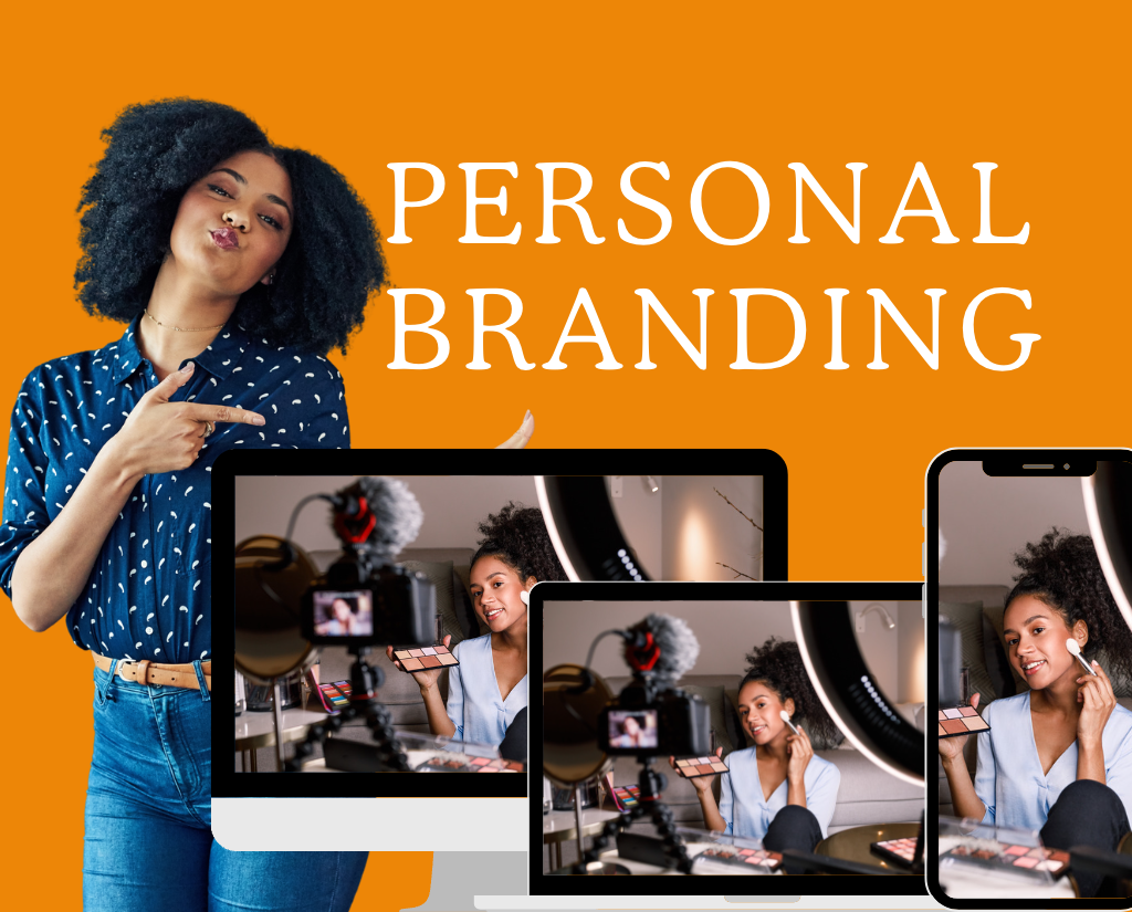 personal branding lady pointing to desktop, laptop and cellphone with her brand
