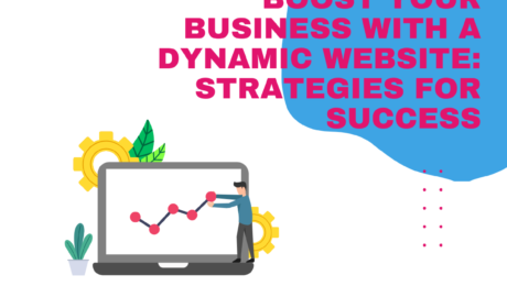 Dynamic web design interface with icons for blogs, live chat, and user-generated content, with text 'Boost Your Business with a Dynamic Website - Unlock New Opportunities!' against a vibrant gradient background.